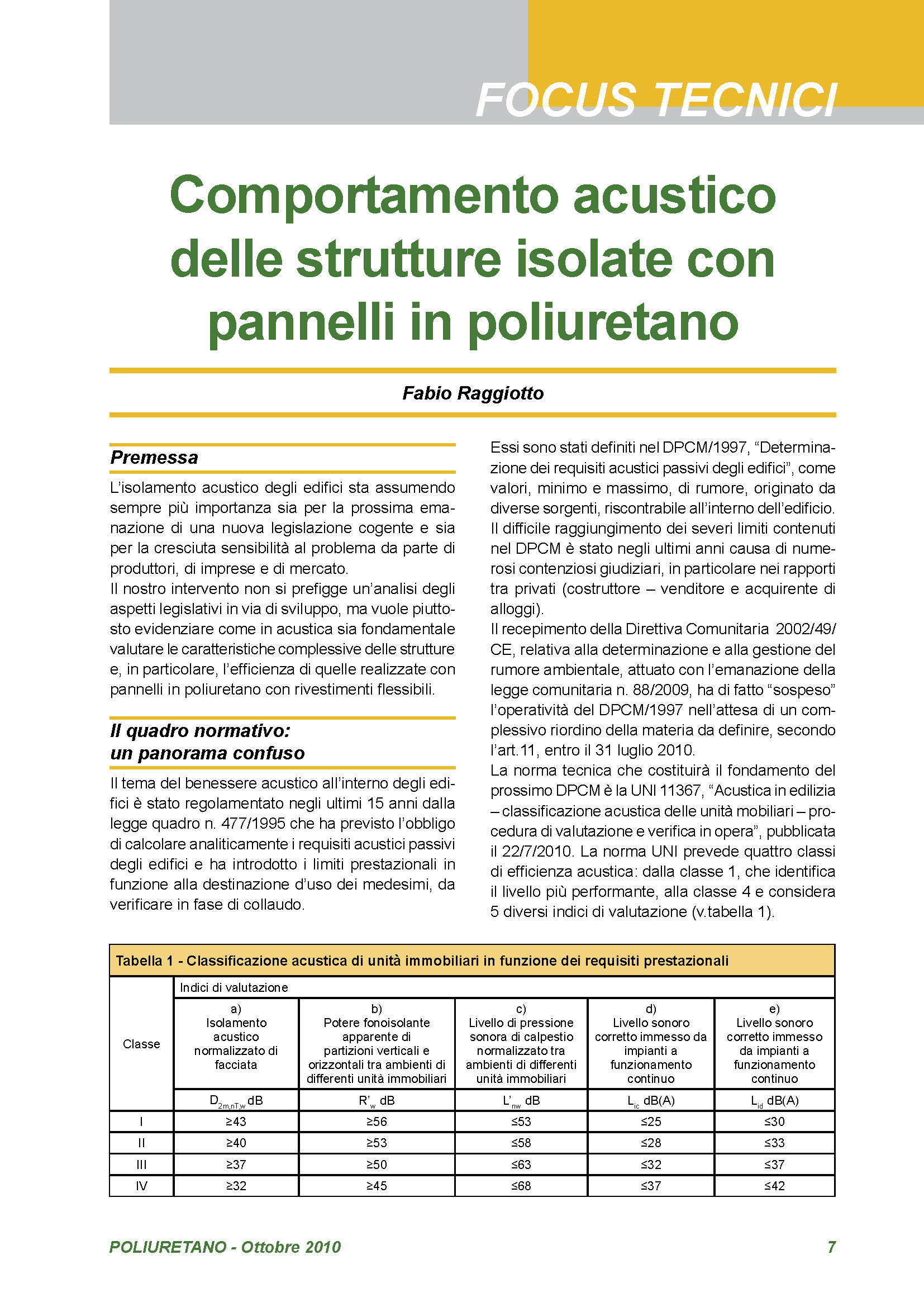 Comportamento acustico delle strutture isolate con pannelli in poliuretano espanso rigido