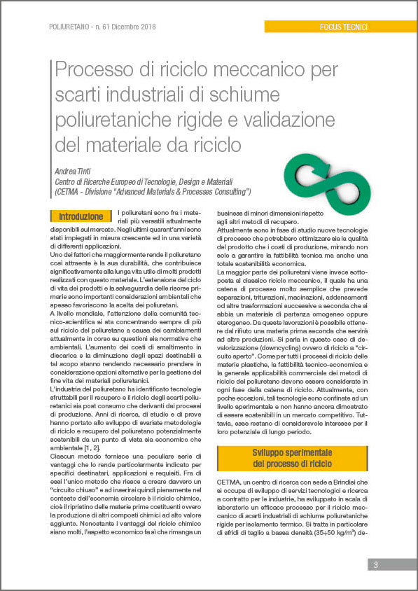 Processo di riciclo meccanico per scarti industriali di schiume 
poliuretaniche rigide e validazione del materiale da riciclo
