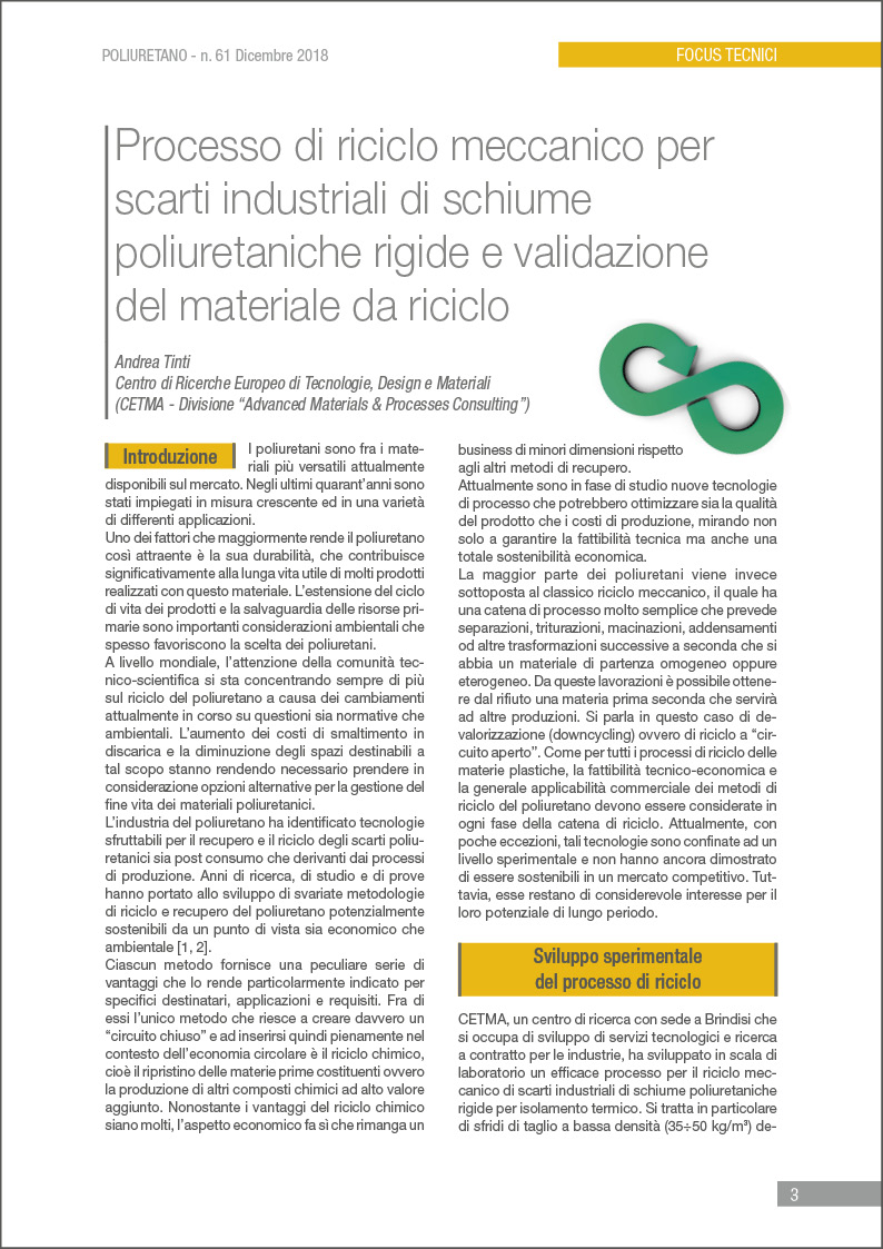 Processo di riciclo meccanico per scarti industriali di schiume poliuretaniche rigide e validazione del materiale da riciclo